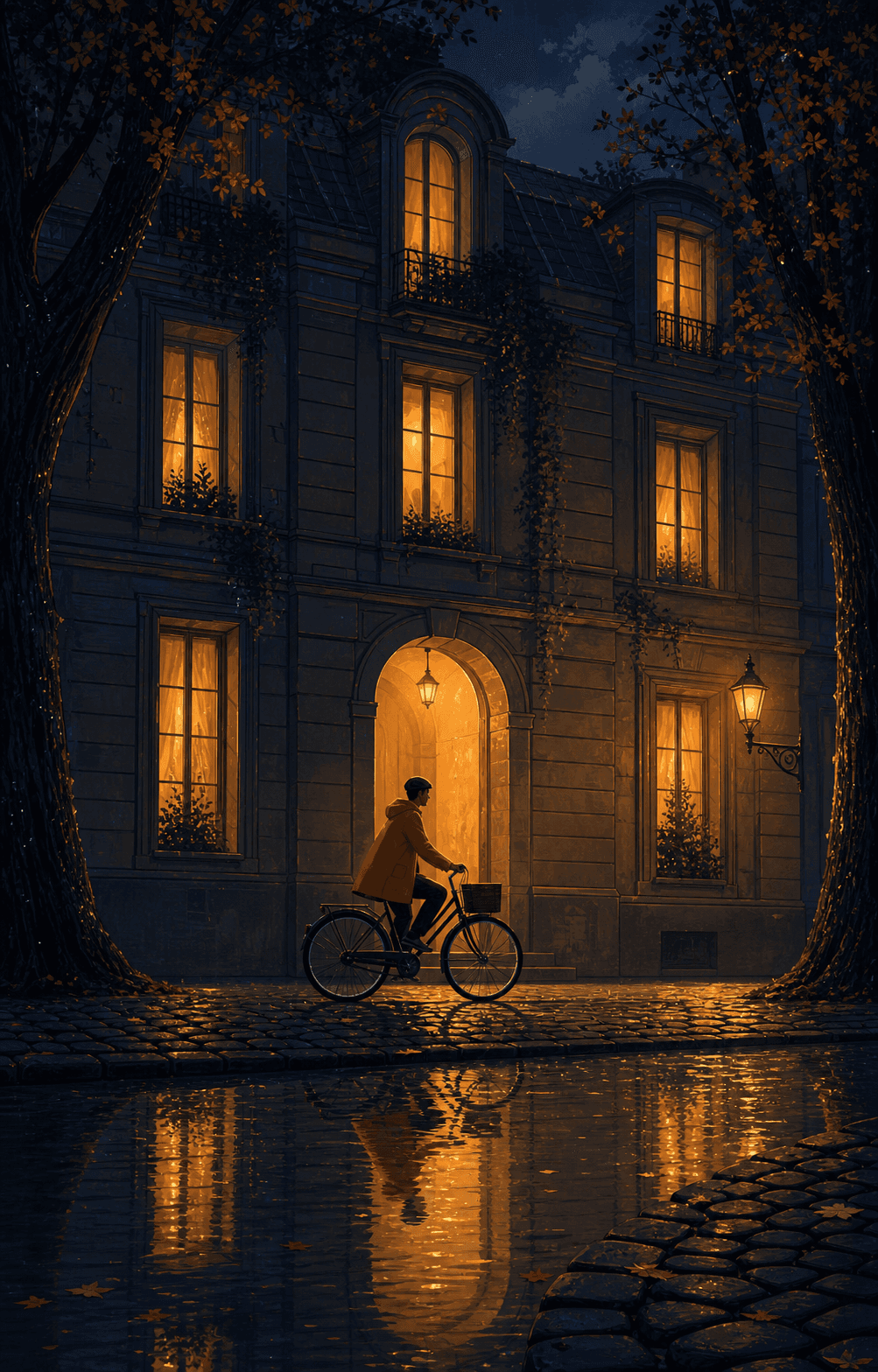 Rainy night street with warm windows, a cyclist, and glowing reflections